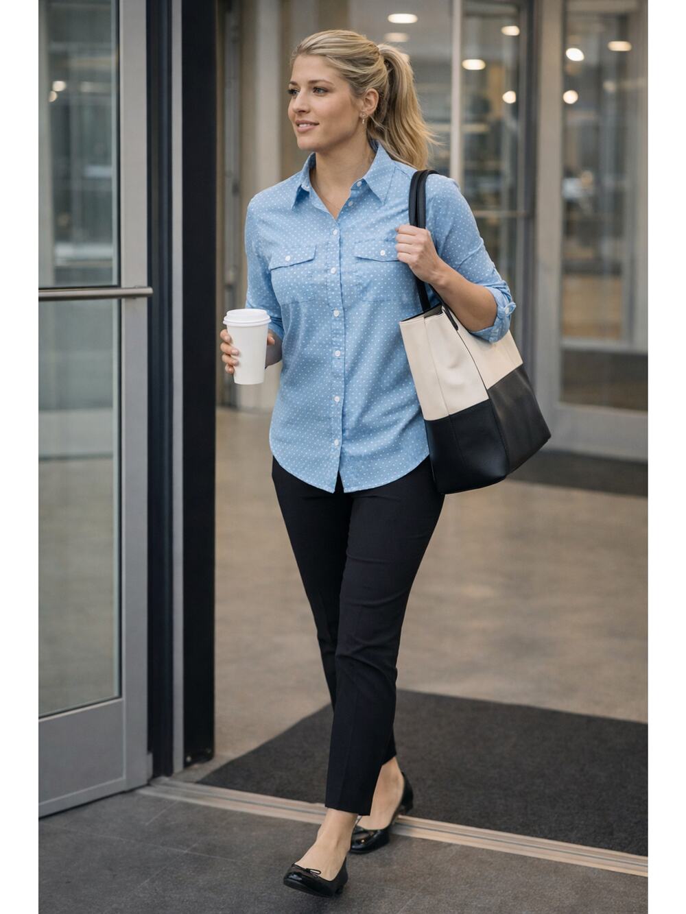 LL Bean Style Polka Dot Shirt Blue Roll Tab Sleeve Women L